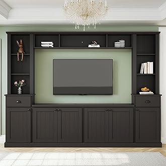 Merax Minimalist 103" Entertainment Wall Unit Set with Overhead Bridge for TVs Up to 75", Modern Large Media Console with Adjustable Shelves, Ample Storage Cabinets & Drawers for Living Room, Black