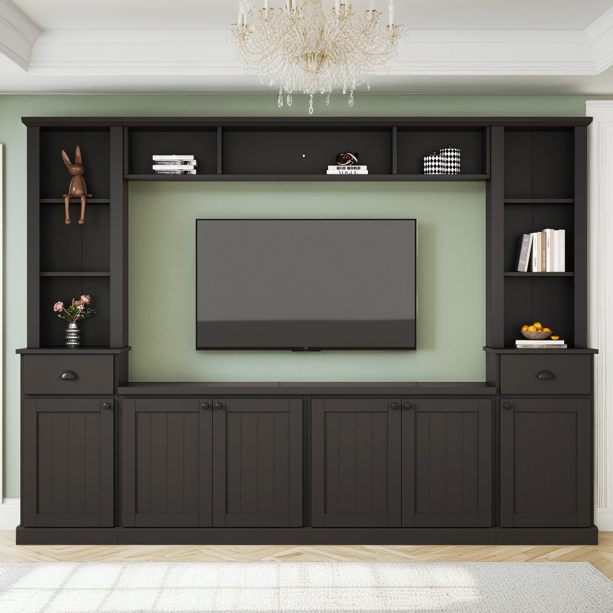 Merax Minimalist 103" Entertainment Wall Unit Set with Overhead Bridge for TVs Up to 75", Modern Large Media Console with Adjustable Shelves, Ample Storage Cabinets & Drawers for Living Room, Black