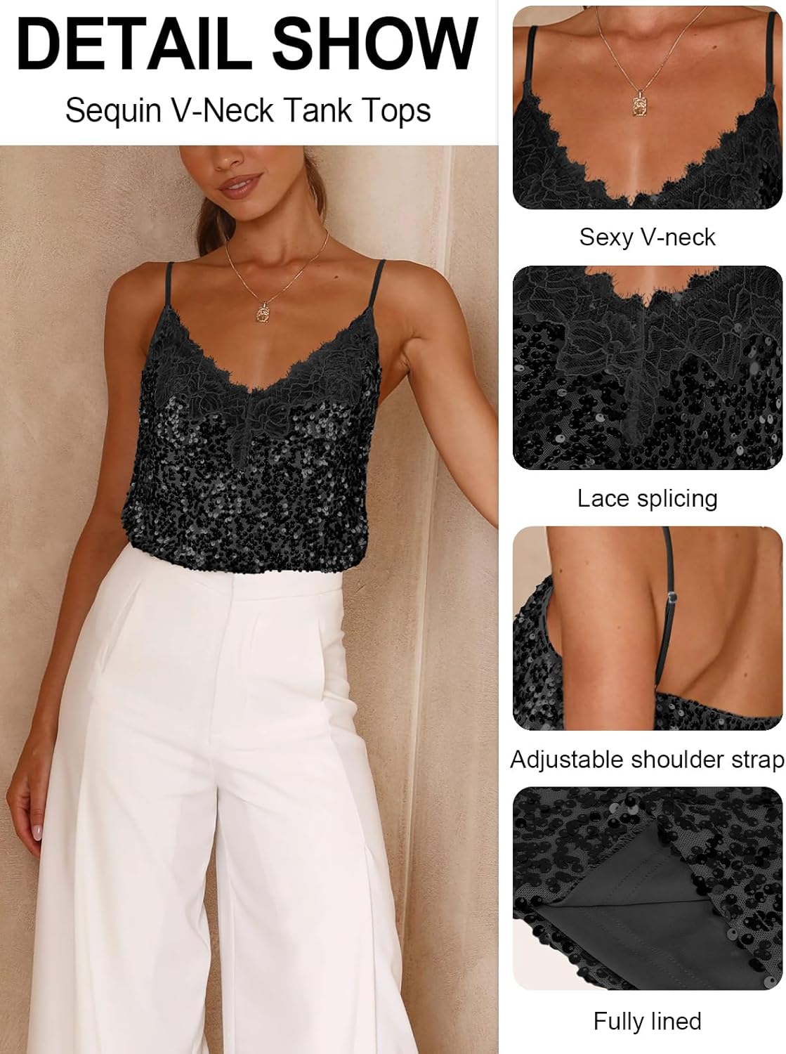 Sequin V-Neck Tank Tops Summer Sparkle Glitter Casual Sexy Backless Beach Vacation Club Camisole Top for Women - Image 4