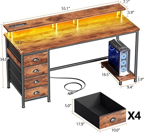 Miniatura 3 de Furologee 55 Inch Computer Desk Gaming with 4 Fabric Drawers with Power Outlets and LED Lights for Home Office with Full Monitor Stand and Shelf