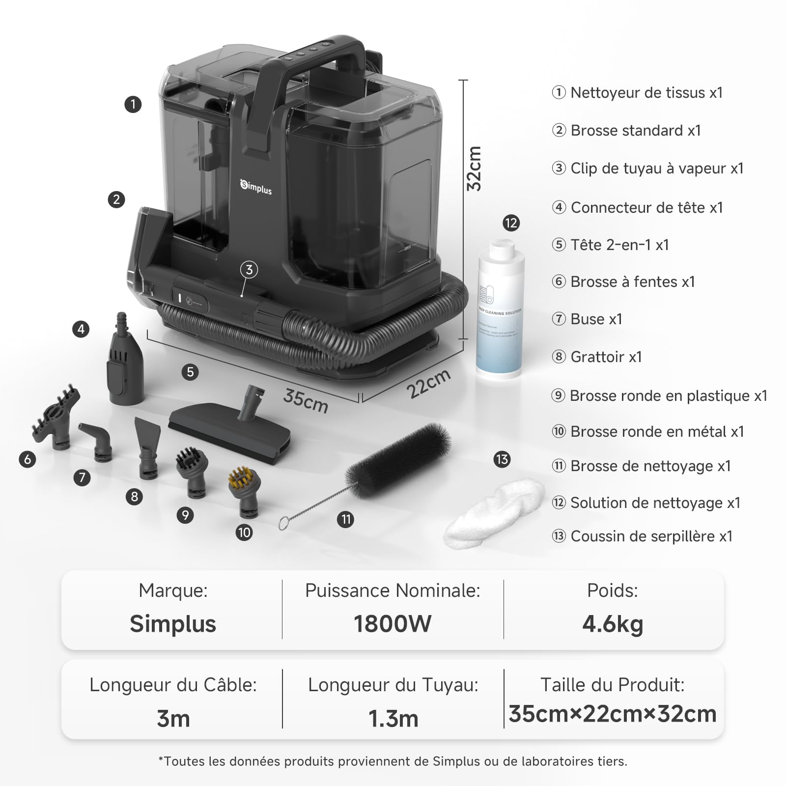 SIMPLUS Nettoyeur Vapeur Tissu Canapé Portable avec Fonction Eau Chaude 110℃, Shampouineuse Extracteur 22000Pa, Double Réservoir, 9 Brosses pour Tapis Moquette Voiture Matelas Animaux