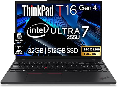 Lenovo ThinkPad T16 Gen 4 AI Business Laptop 16 FHD+ Display, Intel Ultra 7 255U Beats i7-1355U, 32GB DDR5 RAM, 512GB SSD, 5MB Webcam, Fingerprint, Backlit KB, WiFi 6E + BT, RJ-45, HDMI, Win 11 Pro