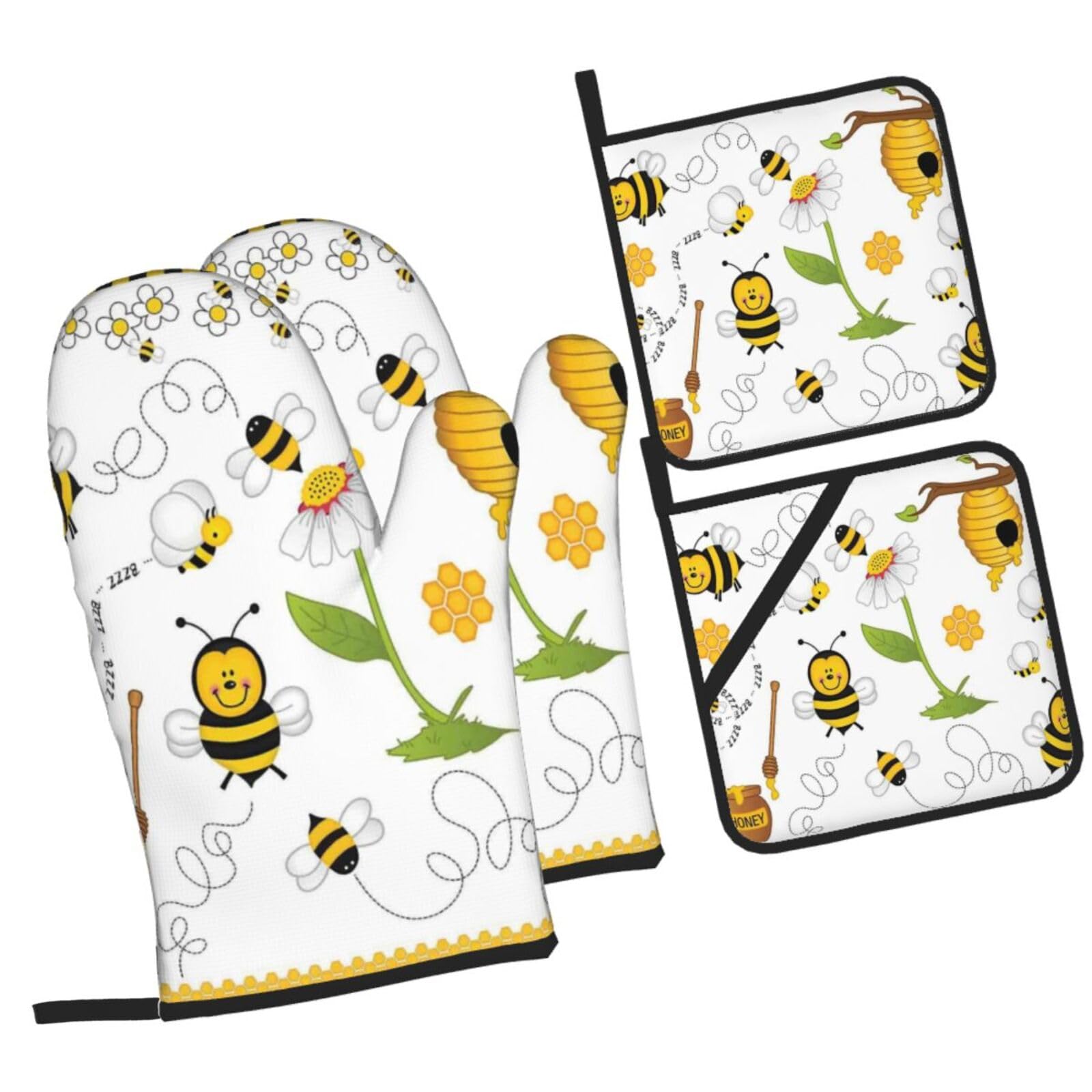 Flying Bees Daisy Honey Printed Oven Mitts and Pot Holders Heat Resistant Set of 4 Pcs, Modern Kitchen Gloves & Potholders for Cooking Baking Grilling
