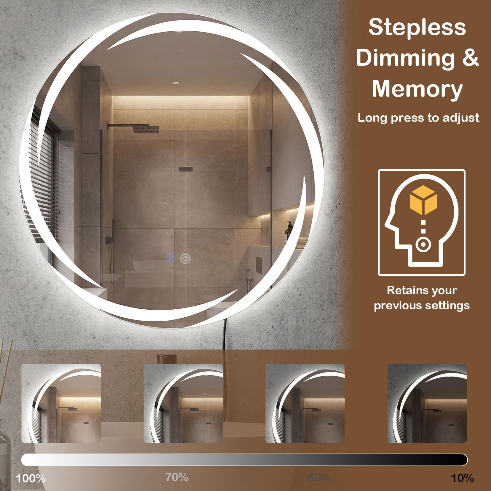GIANTEX Specchio Rotondo LED per Bagno 60/70/80 CM, Specchio da Trucco Retroilluminato con 3 Colori di Luce, Dimmerazione Continua, Anti-Appannamento, Memoria, Vetro Temperato (70L x 70l cm)