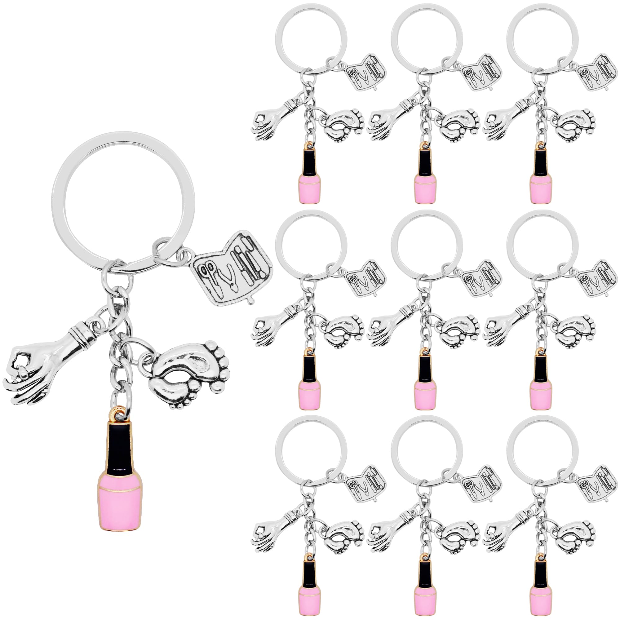 10Pcs Manicure Keychain Alloy Nail Polish Manicure Tool Hands and Feet Charm Keyrings for Manicurist Nail Stylist Nail Technician Gifts or Beauty Lovers
