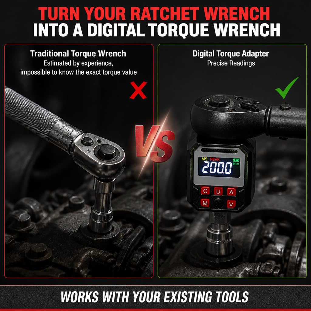 1/2" Digital Torque Adapter, 12.5-250.7 Ft-Lbs (17-340Nm) ±2% Accuracy Torque Converter with 1/4" 3/8" Reducers, 1000 Readings Memory for Auto Motorcycle Repair