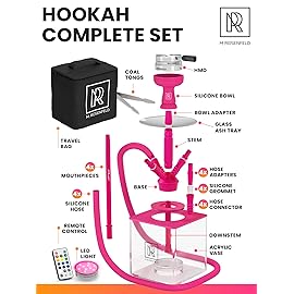4 Hose Hookah Set with Everything - Pink Hookah 4 Hose Complete Kit with LED Light, Remote, Silicone Hoses, Acrylic Base, and Tongs - Big Hookah Set with Accessories - Premium Sisha Hooka