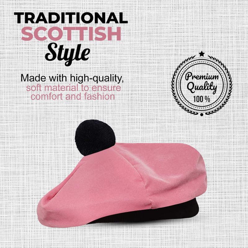 Image of Scottish Tam O' Shanter Hat Tartan Bonnet Pom Pom Wool Flat Cap One Size