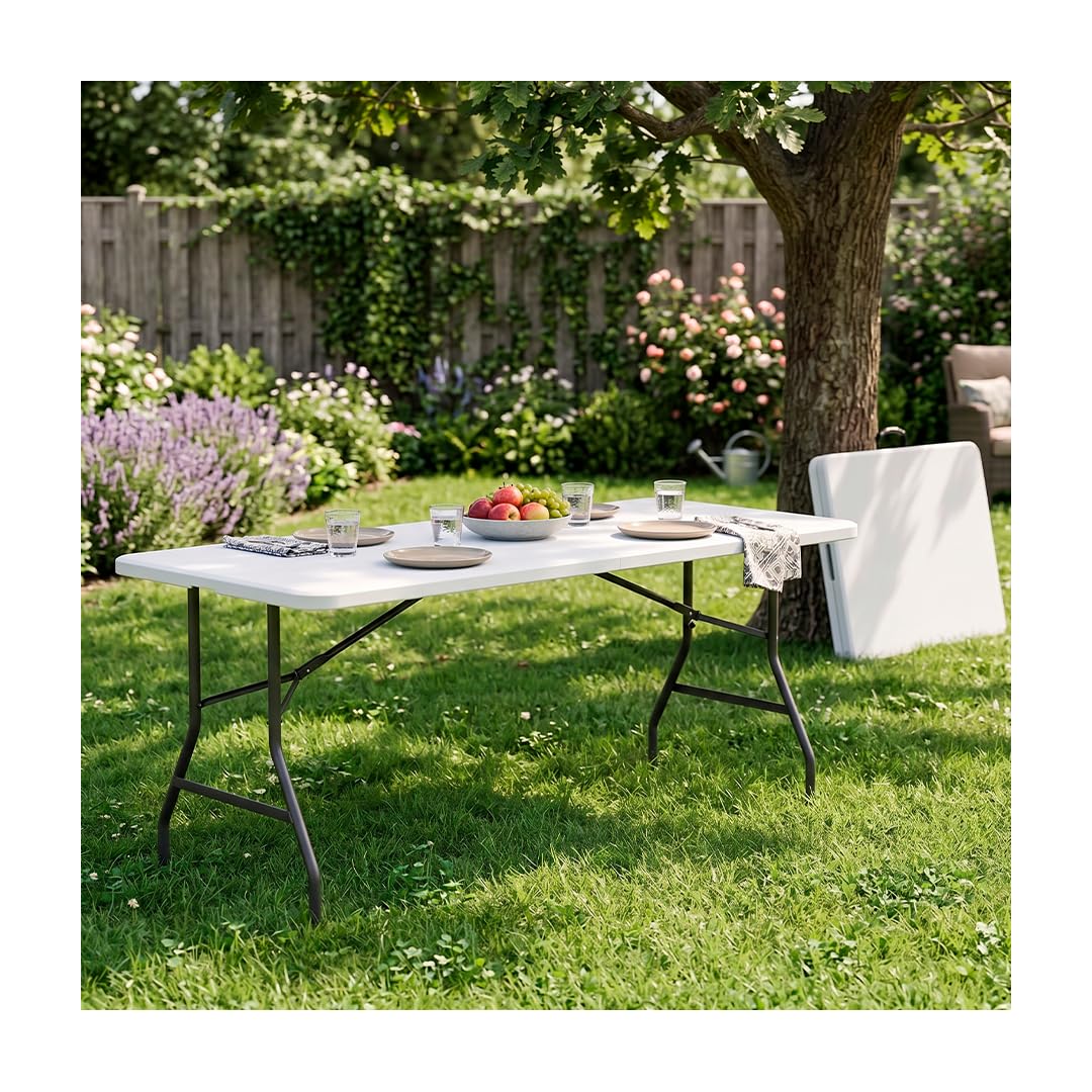 CUORY Mesa Plegable Portatil 1.80 Metros Tipo Portafolio para Jardin | Escritorio Grande Ligera Plástico Resistente | Mesa de Trabajo Comedor Multiusos (Blanco, Universal)