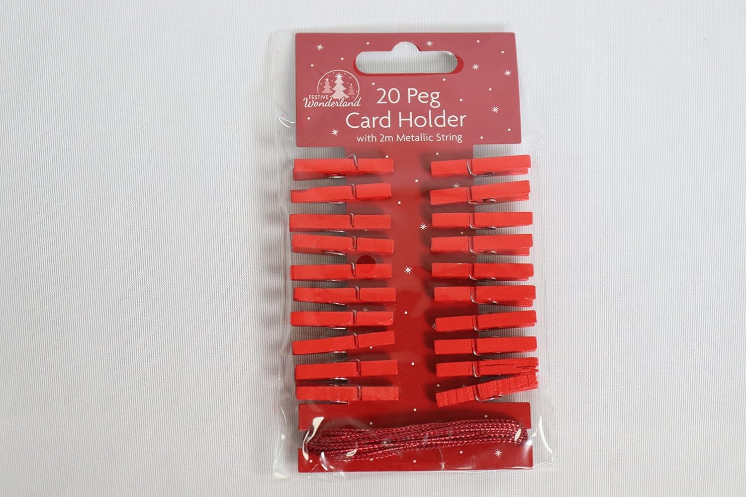Skyte Red Skyte® 20 X Christmas Gold, Silver Or Card Holder Mini Wooden Pegs With 2M Metallic String Festive Colours Card Decoration (Red)