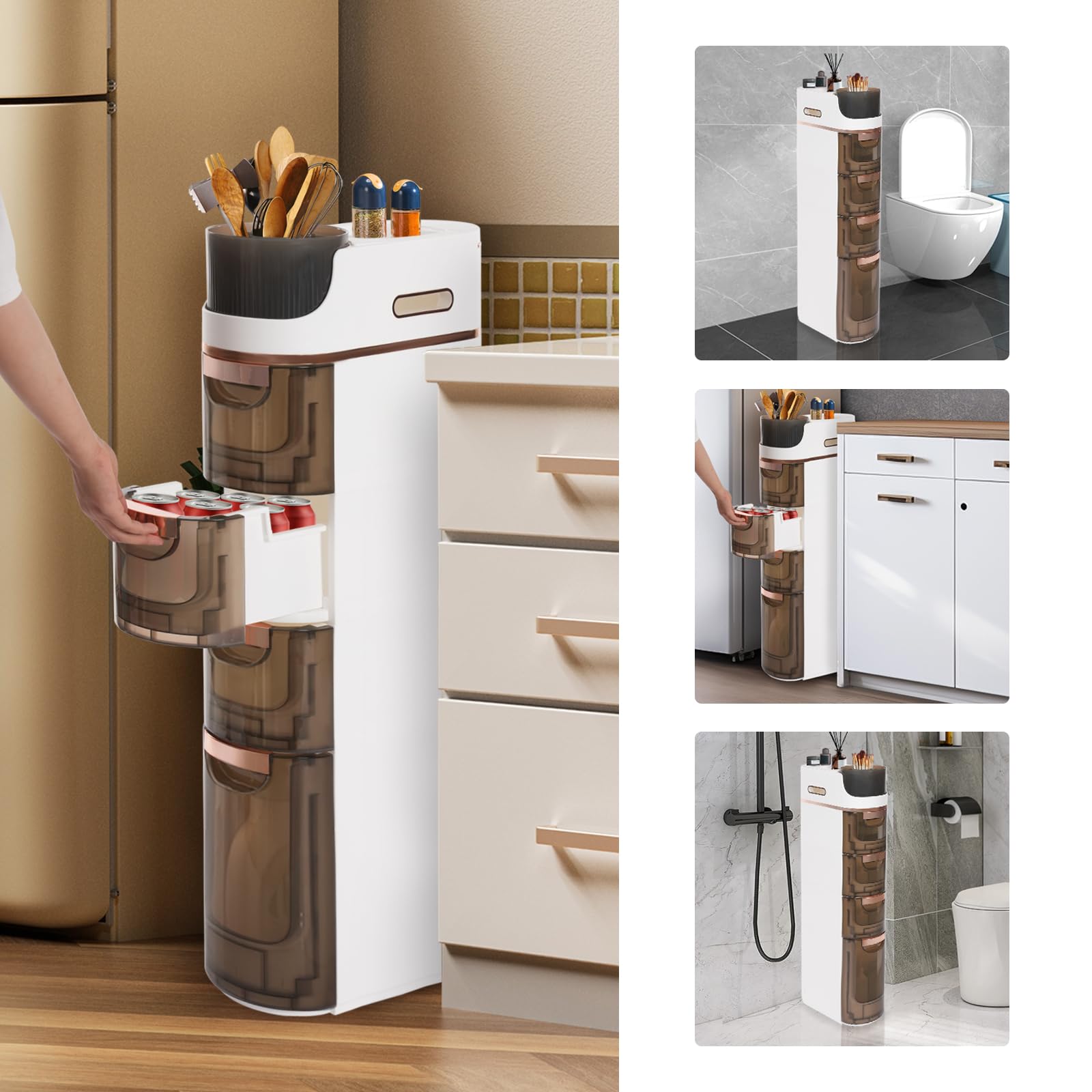 Carrito de almacenamiento estrecho con 4 cajones, cajonera con suelo alto, giratorio, espacio de almacenamiento superior para baño, dormitorio, salón, organización máxima