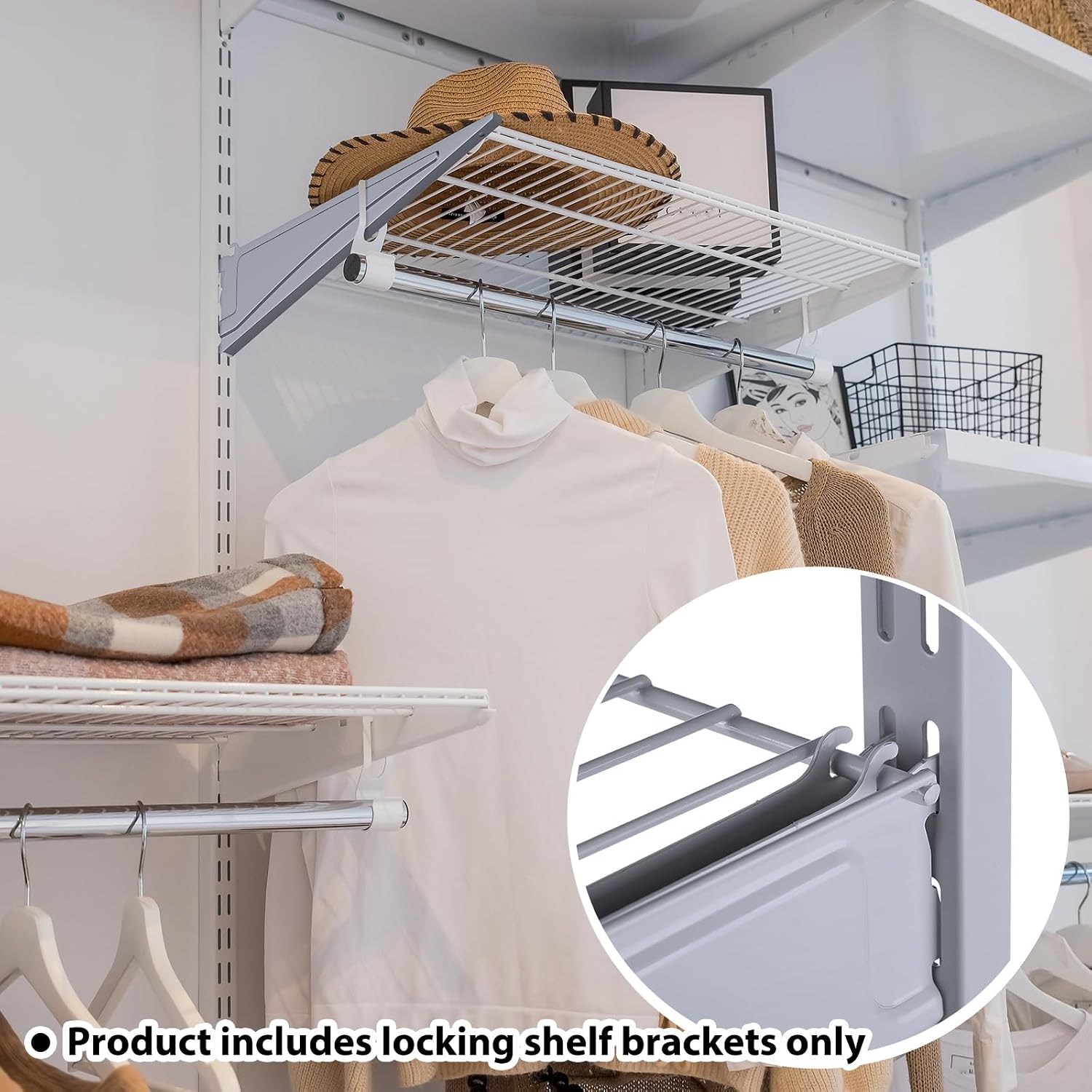 Wonderjune Adjustable Locking Shelf Bracket 16 Inch Shelf Brackets Heavy Duty Wire Shelving Brackets for Deep Wire Shelving Double Track System(Gray,6 Pcs)