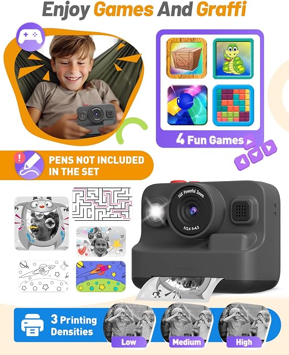 Yehtta Kids Camera Instant Print, Christmas Birthday Gift for 3-15 Years Old Boys Girls, 24 Inch Screen 1080P Kids Digital Camera Toy for 3 4 5 6 7 8 9 10, 3 Roll Printing Paper with 32G Card