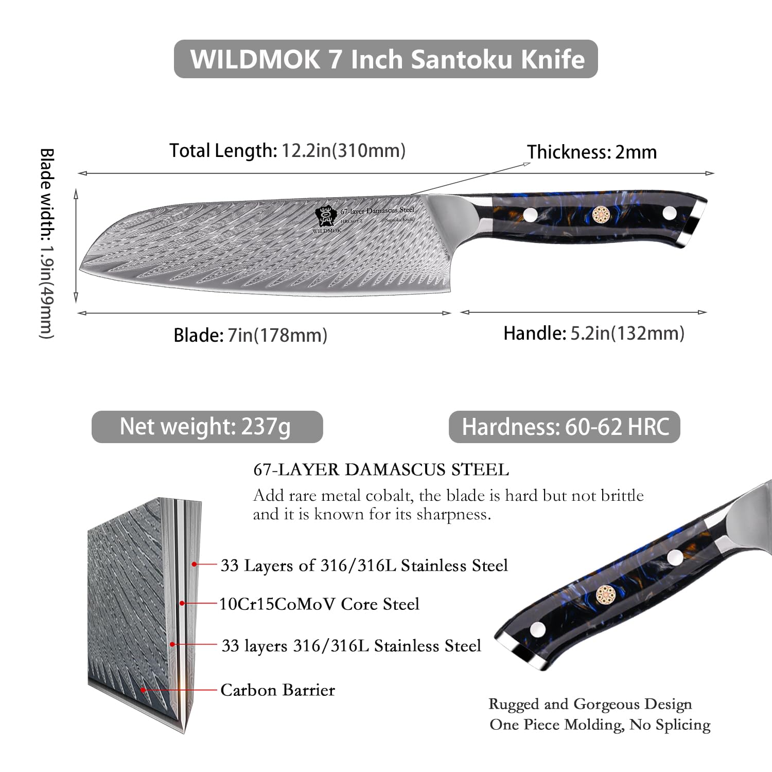 WILDMOK Nóż szefa kuchni 17 cm japońskie ostrze damasceńskie ostrze kuchenne noże kuchenne z ultra ostrym rdzeniem ze stali VG10, noże szefa kuchni z rączką z żywicy i stali damasceńskiej