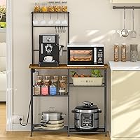 3IngSeagulls Bakers Rack with Power Outlet - 6-Tier Kitchen Microwave Stand, 10 S-Hooks, Coffee Bar Storage Shelf, Rustic Brown