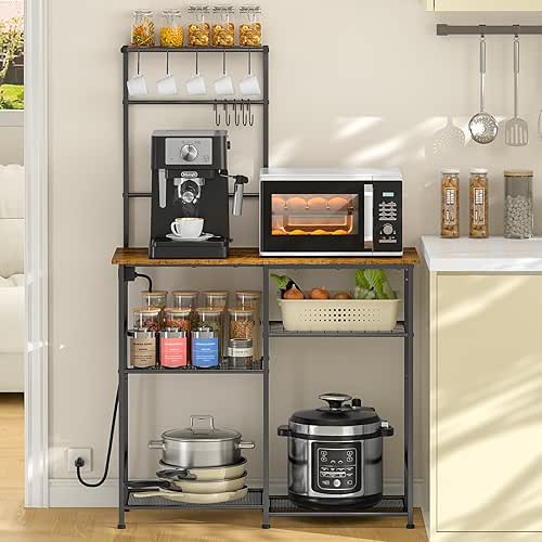 Bakers Rack with Power Outlet, Kitchen Microwave Stand with 10
