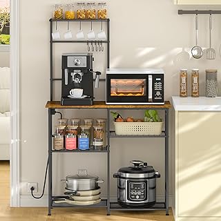 Bakers Rack with Power Outlet, Kitchen Microwave Stand with 10 S-shaped Hooks, 6-Tier Coffee