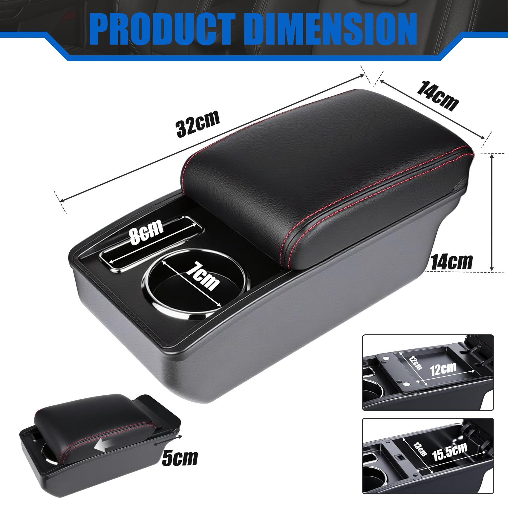 Accoudoir Centrale pour Fiat 500 2007-2011 Console Centrale Boîte de Rangement Intégré Pièces de Repose-bras, Facile à Installer, Accessoire Intérieur Voiture Cuir Noir