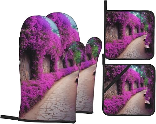 Purple Floral Blooming Path Print Oven Mitts and Pot Holders Heat Resistant Oven Gloves and Hot Pads Gloves Set for Baking
