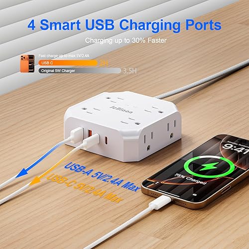 Miniatura 4 de Regleta protectora de sobretensiones, 8 salidas con 4 puertos USB (2 USB C), extensor de salida 1050J de 4 lados con cable de extensión plano de 5