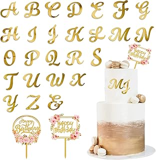 Happy Birthday Cake Toppers,Cake Decorations DIY Personalized Name,A-Z Letter Mirrored Gold Cake Decorating with Happy Bir...