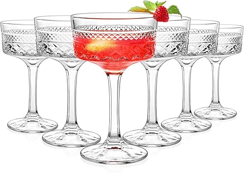 Juego de 6 vasos de copa acanalados de 10 onzas, juego de vasos de cóctel vintage de 10 onzas, copa de Martini única, galssware clásico, juego de