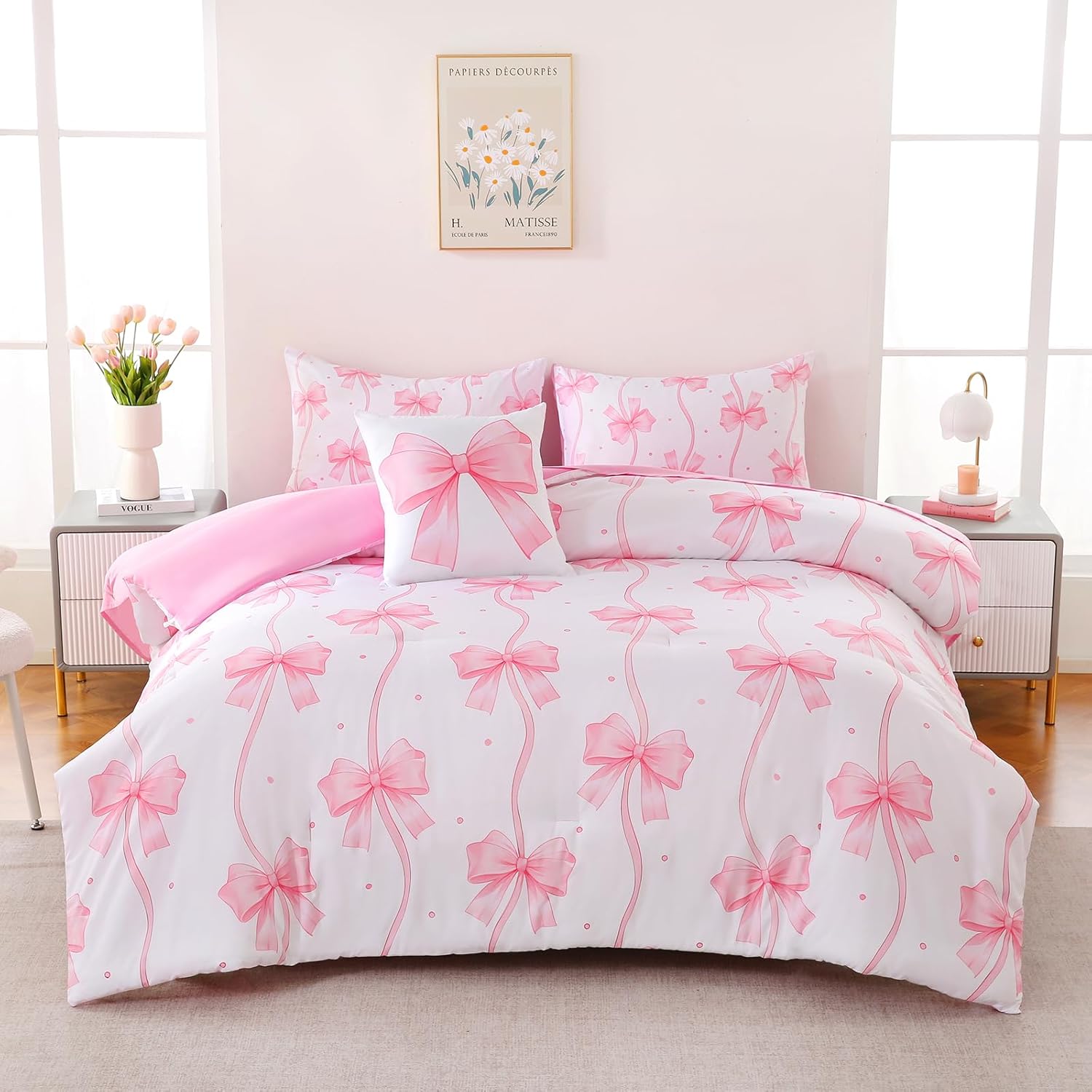 DORCAS Bow Full Size Comforter Set for Girls,6 Pieces Bed in A Bag Pink Bow Bedding Sets with Sheets for Kids - Image 5