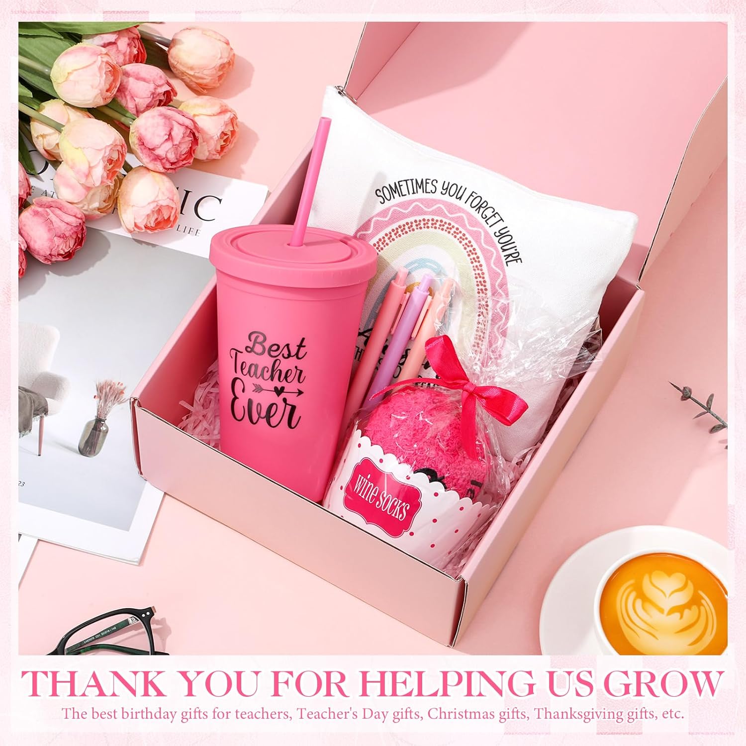 Skylety 7 Pcs Teacher Appreciation Gifts Thank You Teacher Gifts for Women 16OZ Plastic Tumbler with Lid Socks Makeup Bag Box Pens for Retirement Birthday Christmas Back to School(Hot Pink) - Image 4