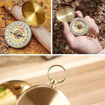 Compass for Navigation,Vintage Brass Pocket Waterproof Compass with Luminous Function,Pure Copper Shell for Outdoor Camping Hiking Sports(Gold)