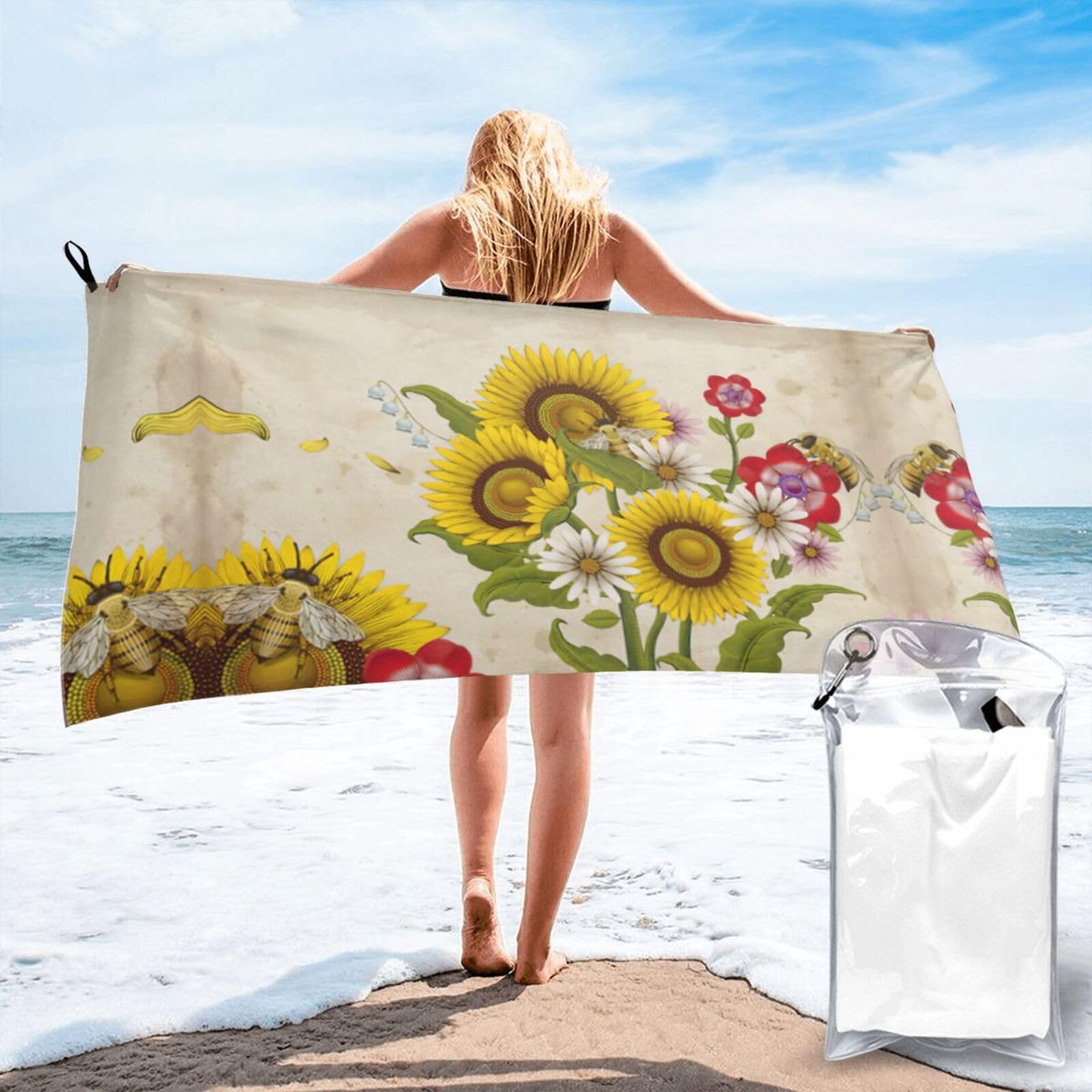 Jiuty White Bees Sunflowers Daisy Rose Flowers Print Fast Dry Beach Towel Portable For Swimming Travel Gym Hiking Gift