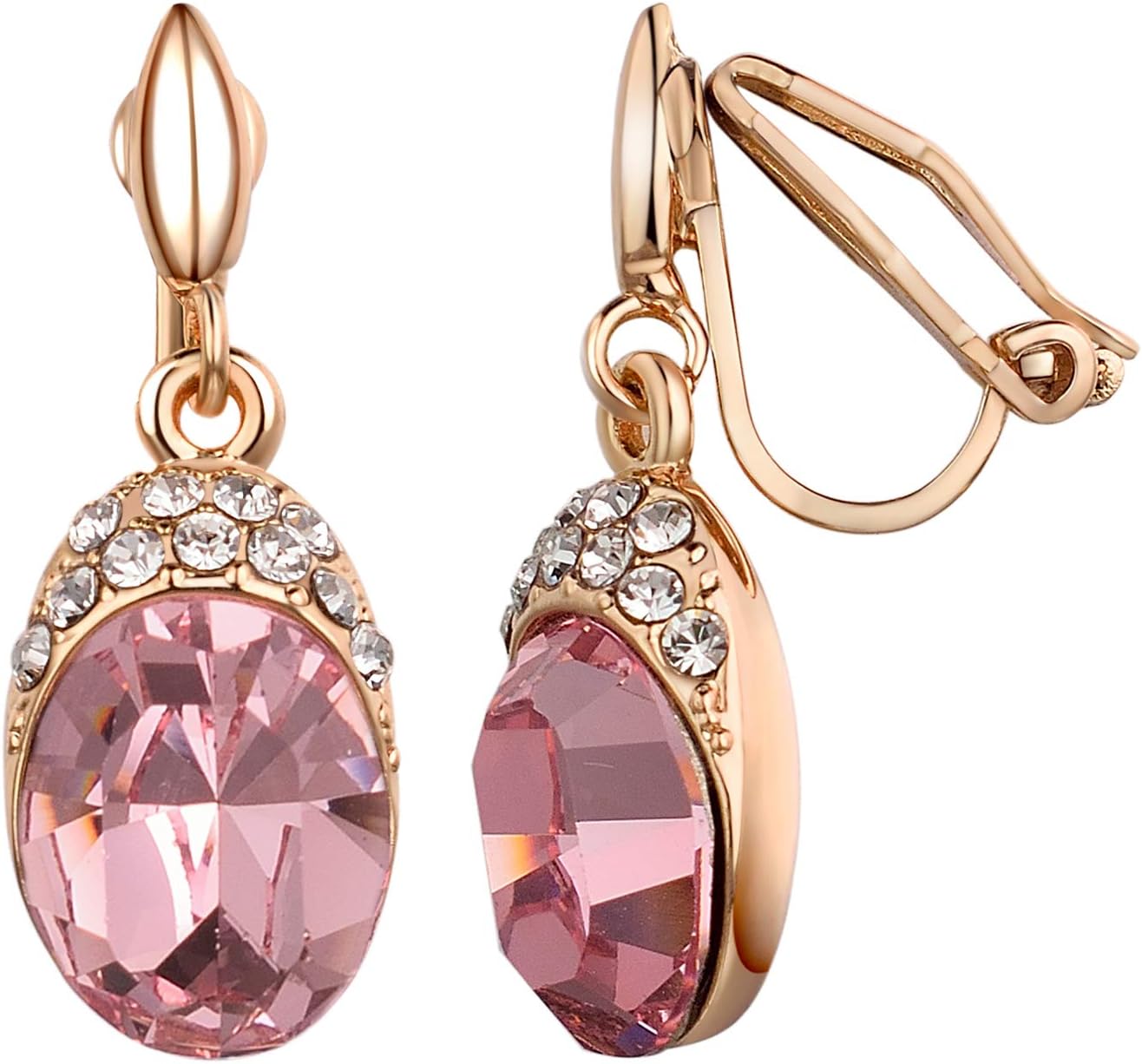 Yoursfs Clip On Drop Earrings Women Oval Pink Cubic Zirconia Crystal Clip Earrings Cocktail Party Jewellery