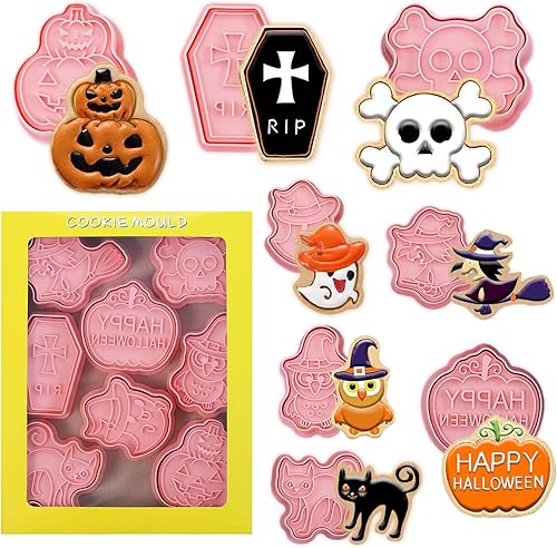 Miniatura 1 de Cortadores de galletas de Halloween, 8 sellos de galletas con linda calabaza, fantasma, gato, cráneo, búho, bruja y ataúd, impresión 3D mini para
