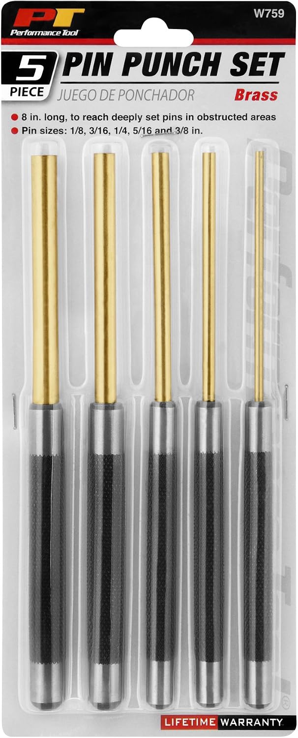 Performance Tool W759 Roll Pin Punch Set to Remove Pins with Knurled Steel Handles for Good Grip, 8 inches (5-pc)