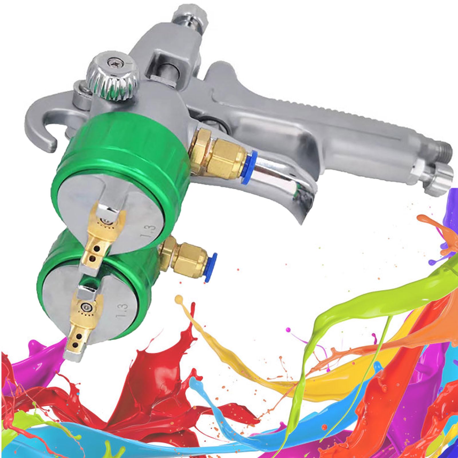 Pulverizador de pintura de alimentación a presión, pistola de pulverización de doble cabezal con boquilla de 1,3 mm, capacidad de olla de 1000 ml, máquina de pintura neumática de alta presión, consumo