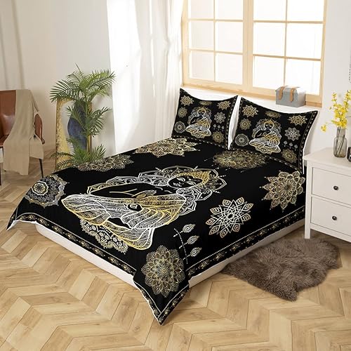 Miniatura 2 de Feelyou Juego de funda de edredón con diseño de mandala de Buda, tamaño queen, exótico, étnico, bohemio, estampado de flores de loto y negro dorado,