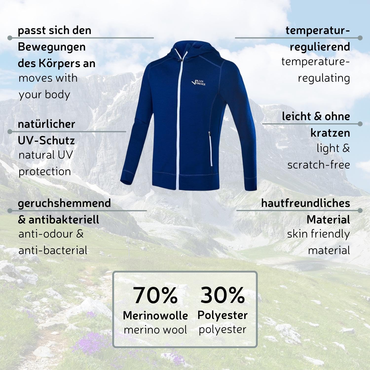 Black Crevice Giacca in lana merino da uomo con cappuccio I Giacchetta di pregio in lana merino I Giacca da uomo in 70% lana merino e 30% PE I Felpa termica in lana merino I Mulesing free