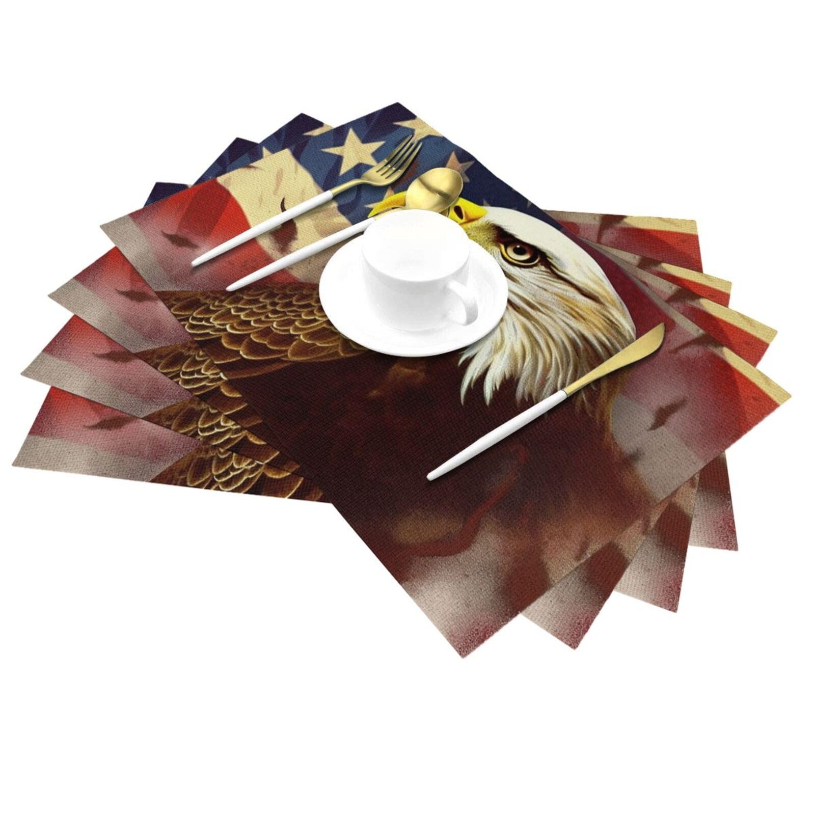 Set di tovagliette con stampa artistica con aquila con bandiera americana, in PVC, resistenti al calore, antiscivolo, lavabili, per cene, feste di nozze, festival, 30,5 x 45,7 cm