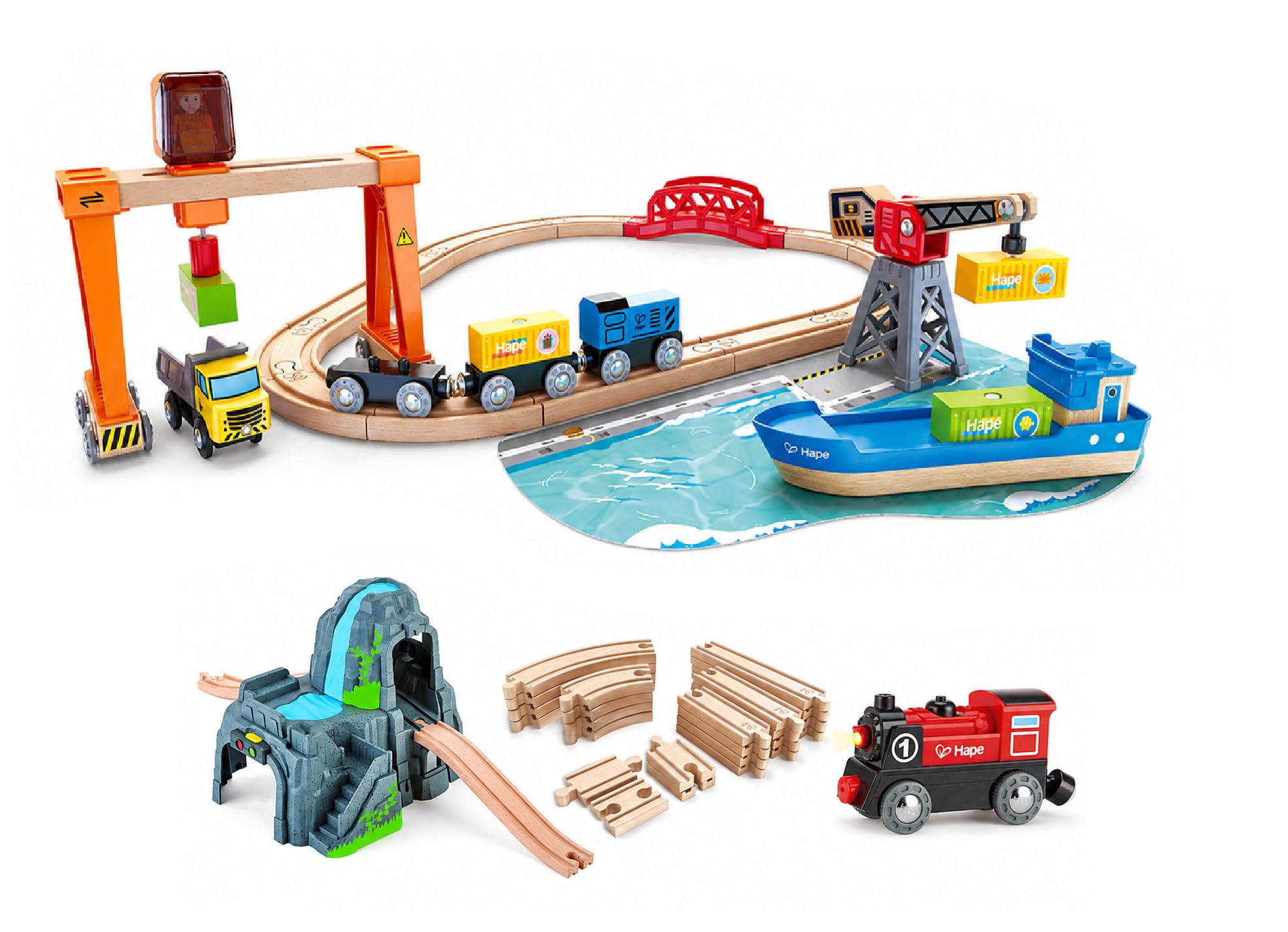 Hape Eisenbahn Set XXL, Zug Starter Set mit großem Schienen Ausbau, Zubehör & Lok Erweiterung, Holzeisenbahn Komplettset ab 3 Jahren