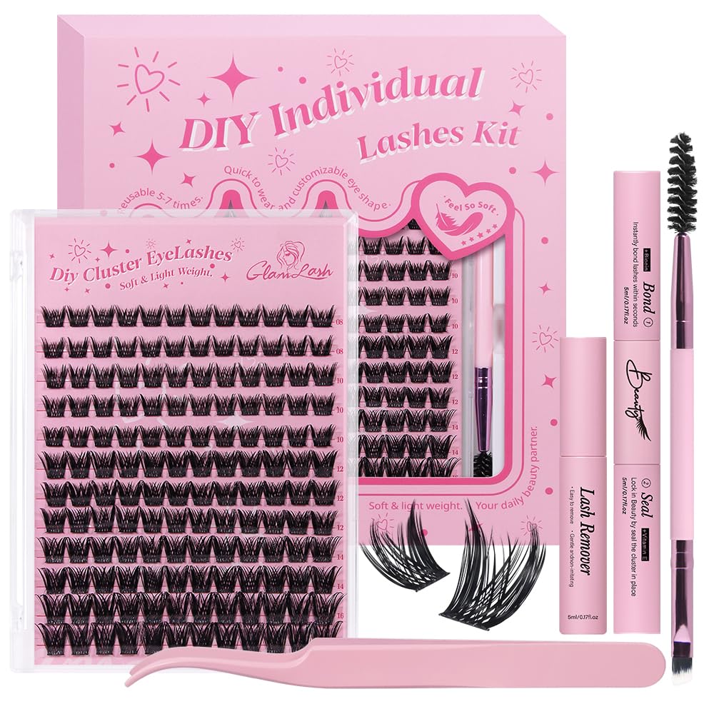 GLAMLASH Ciglia Finte Ciuffetti Kit Extension Ciglia Lash Clusters con Bond e Rimuoviciglia 8-16mm,DIY Eyelash Extension Kit (DM-FD07)
