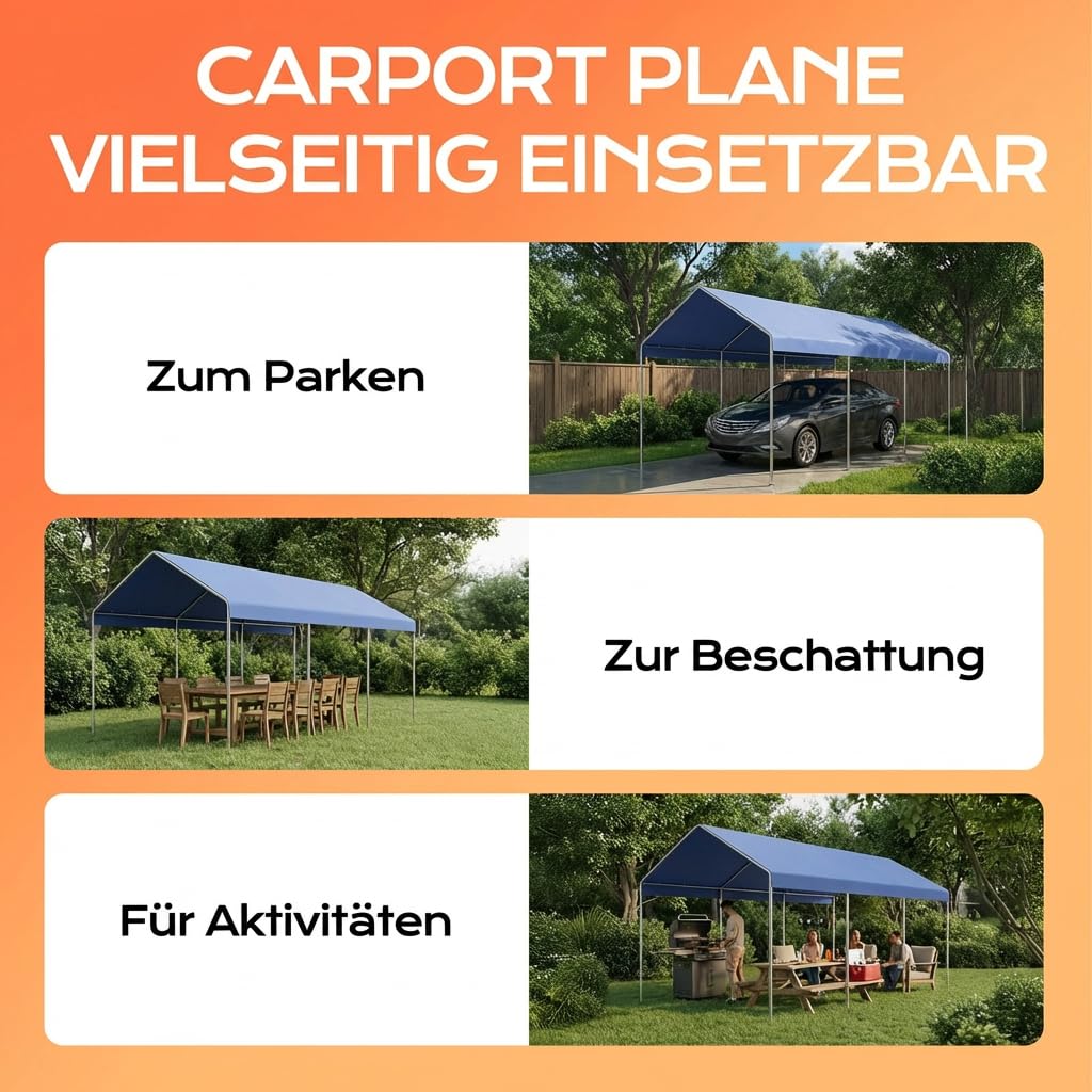 COWVIE 3 x 6 m Carport-Überdachung Ersatzplane, mit 46 Langen Kugelspanngummis, wasserdichte Garage-/Zelt-Überdachungsplane, nur die obere Abdeckung