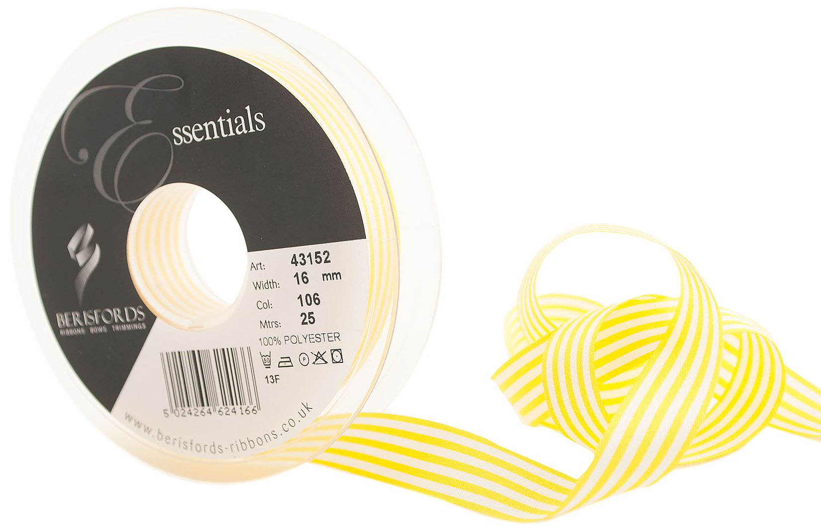 Berisfords 43152 25 m x 16 mm Crisp Stripes Ribbon, Yellow