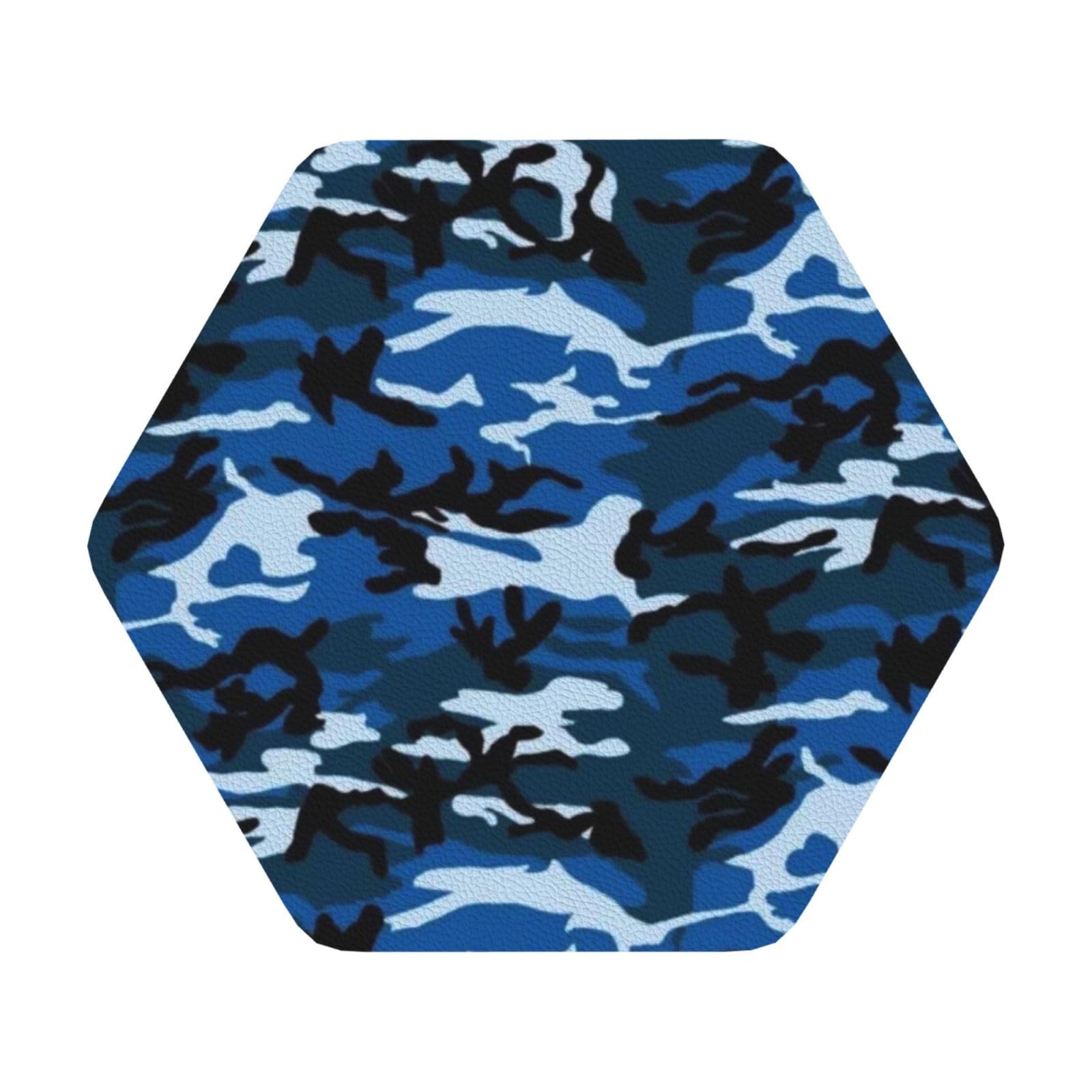 Blue Camo PU Leather Coasters Set of 6 Hexagon Drink Coasters