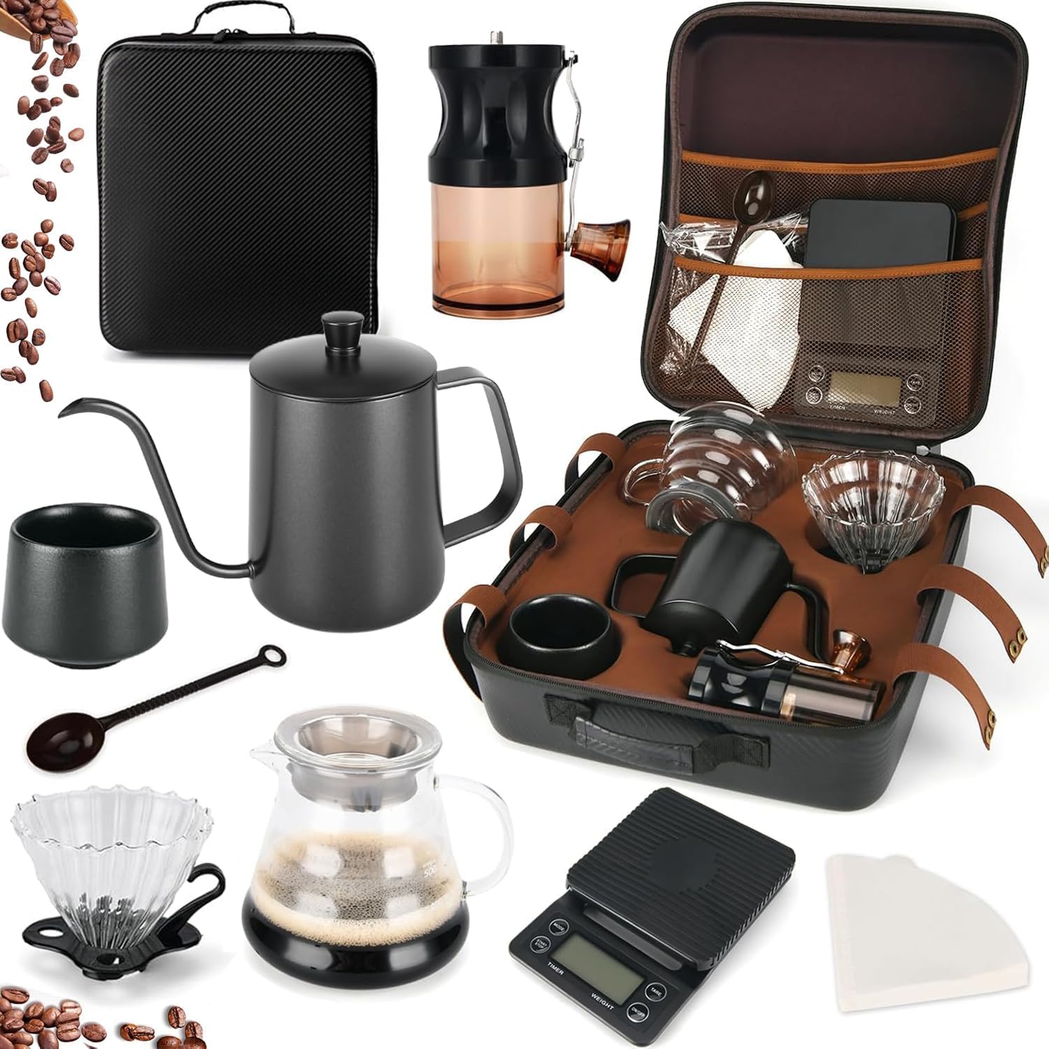 Tzmovqix Pour Over Coffee Maker Set, Coffee Kettle Scale, Coffee Dripper, Bean Grinder, Glass Server, Drip Cup, Filter Paper, All in 1, Traveling Camping Hiking Best New year Gift(Manual Coffee Kit)