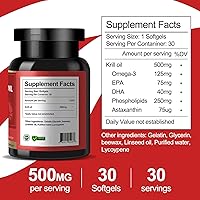 Vista 2 de Aceite de krill antártico 500 mg con omega-3, EPA, DHA y astaxantina y fosfolípidos, sin sabor a pescado, suplemento dietético para articulaciones