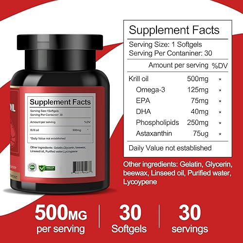 Miniatura 5 de Aceite de krill antártico  Aceite de krill omega 3 capturado en la naturaleza, 500 mg con EPA, DHA, astaxantina y fosfolípidos  Cerebro, corazón,