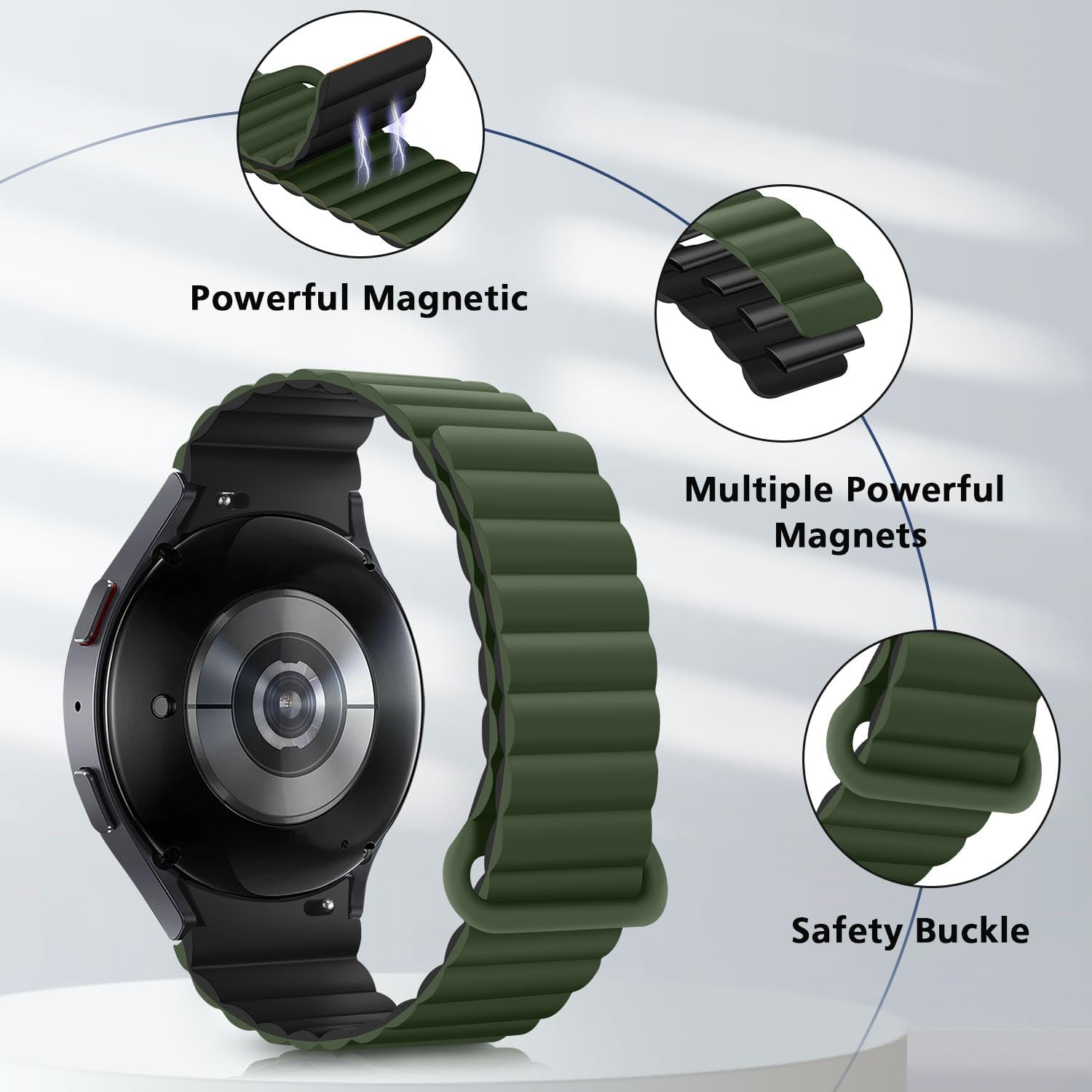 HITZEE Compatible with Samsung Galaxy Watch 7/FE/6 Strap 40mm 44mm/Watch 6 Classic 43mm 47mm/Watch 5/Watch 4, 20mm Silicone Magnetic Sports Band for Galaxy Watch 4 Classic/Watch 5 Pro, Green Black,