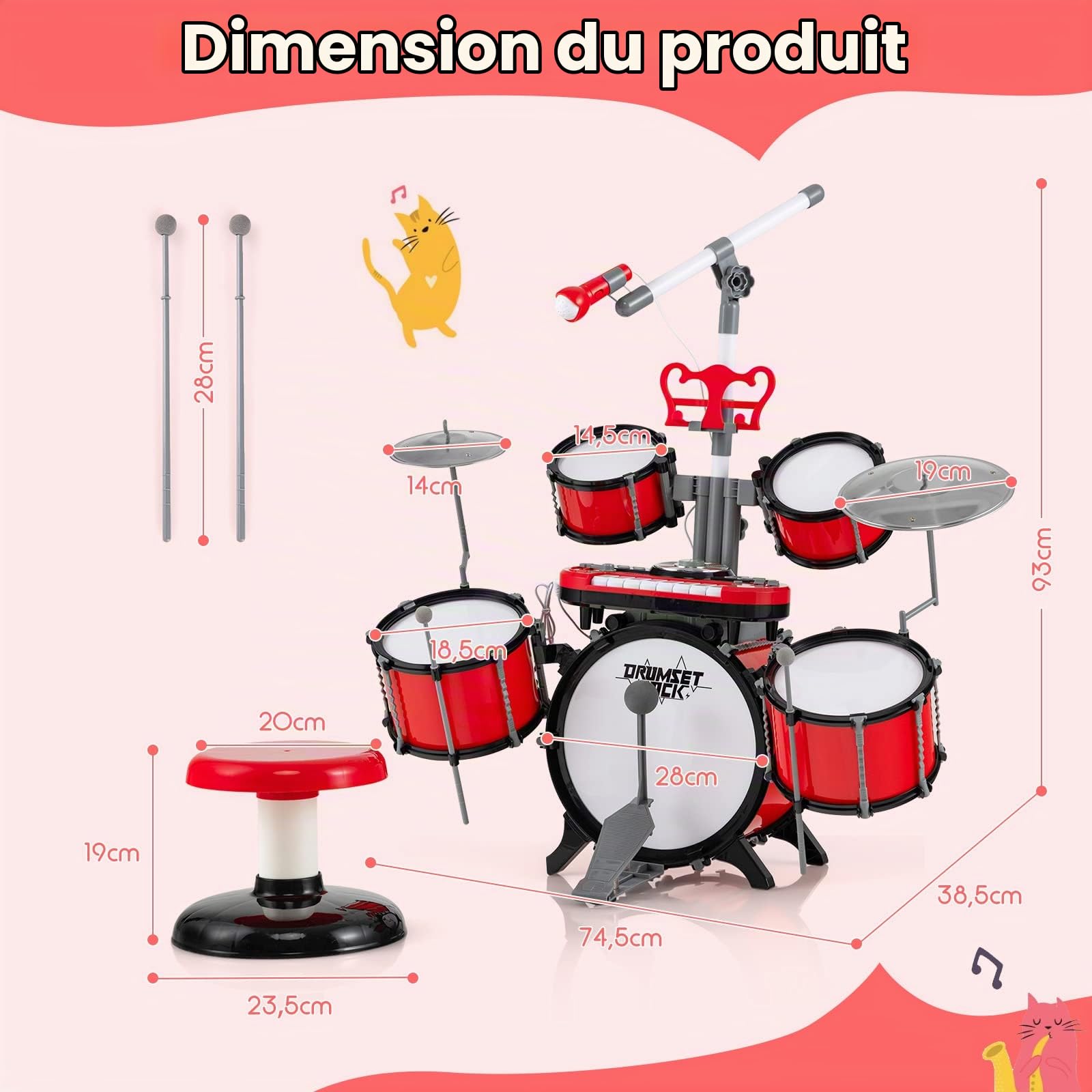 GOPLUS Kit de Batterie Jazz pour Enfants avec 5 Tambours, Clavier 8 Clés, 1 Microphone, 2 Baguettes, Prise pour MP3, Siège Inclus, Cadeau Noël Débutants pour Enfants 3 ans+, 74,5 x 38,5 x 93 cm, Rouge