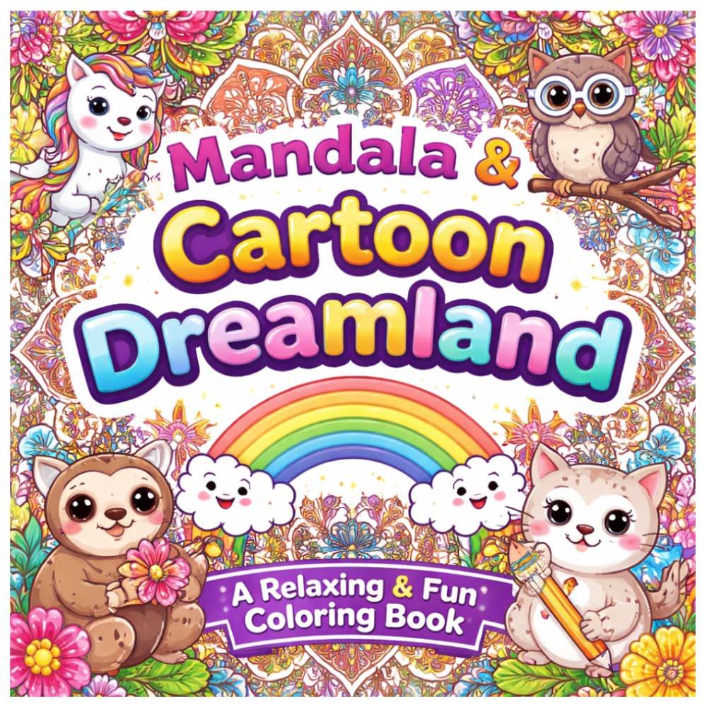 Mandala & Cartoon Dreamland: A Relaxing & Fun Coloring Book with Mandalas and Cute Cartoon Characters for Kids & Adults