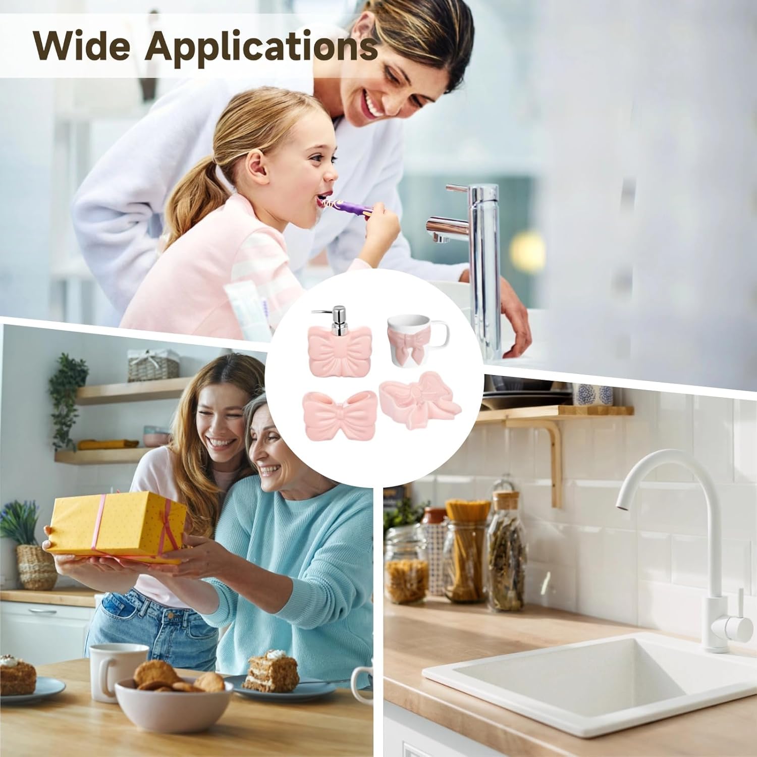 4 Pcs Bathroom Countertop Accessories, Pink Set with Bowknot, Includes Ceramic Soap Dispenser, Soap Dish, Toothbrush Holder, and Cup