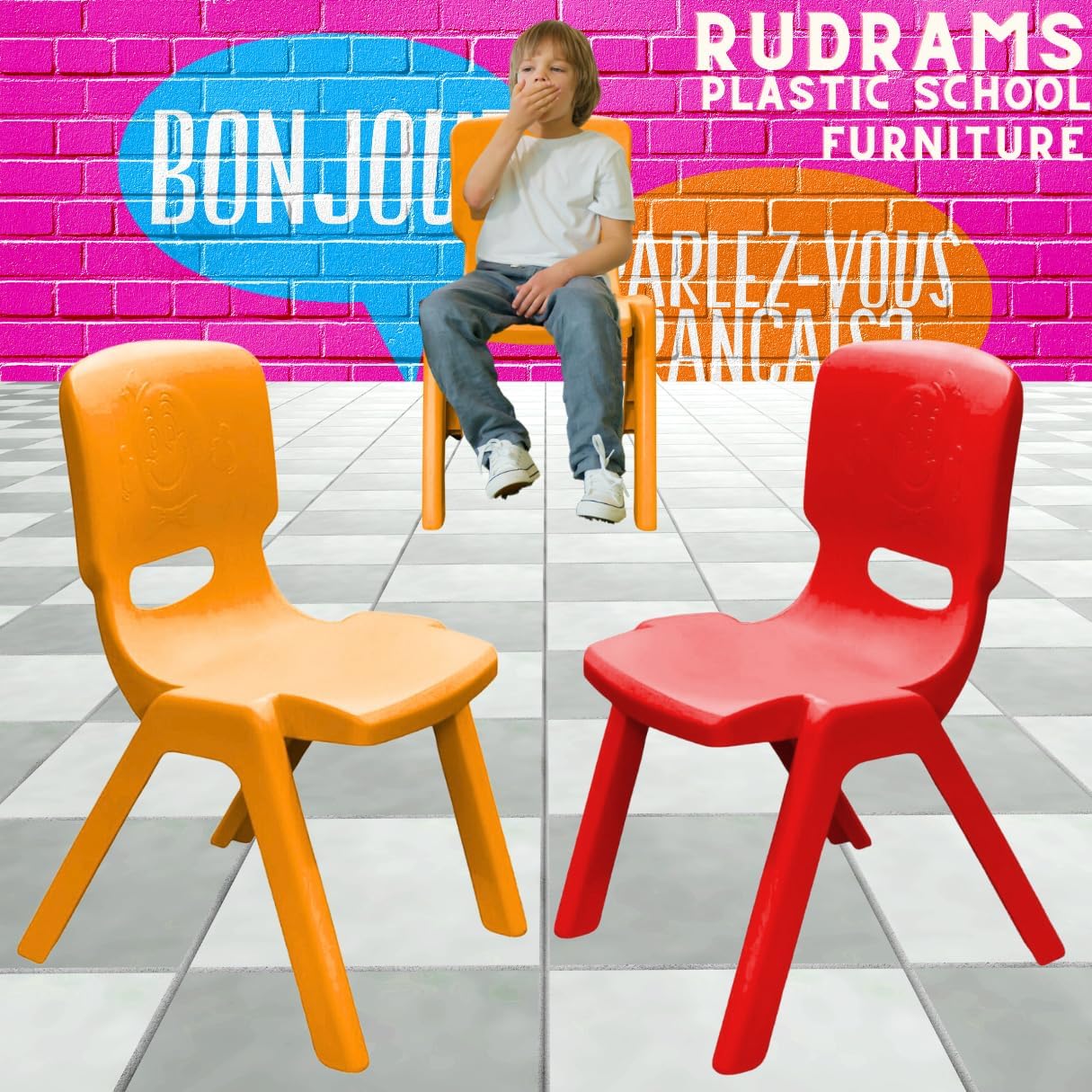 RUDRAMS Primary Kids Chair for 4 to 10 Years || Strong Plastic Chair for Kids || Primary School Kids Chair || Chairs for Kids Sustain Upto 150 kg (2, Orange & Red)